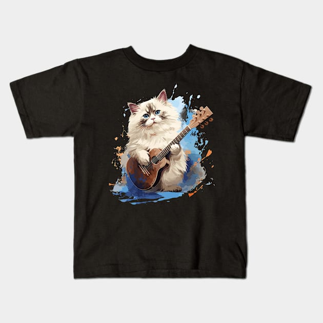 Ragdoll Cat Playing Guitar Kids T-Shirt by Graceful Designs